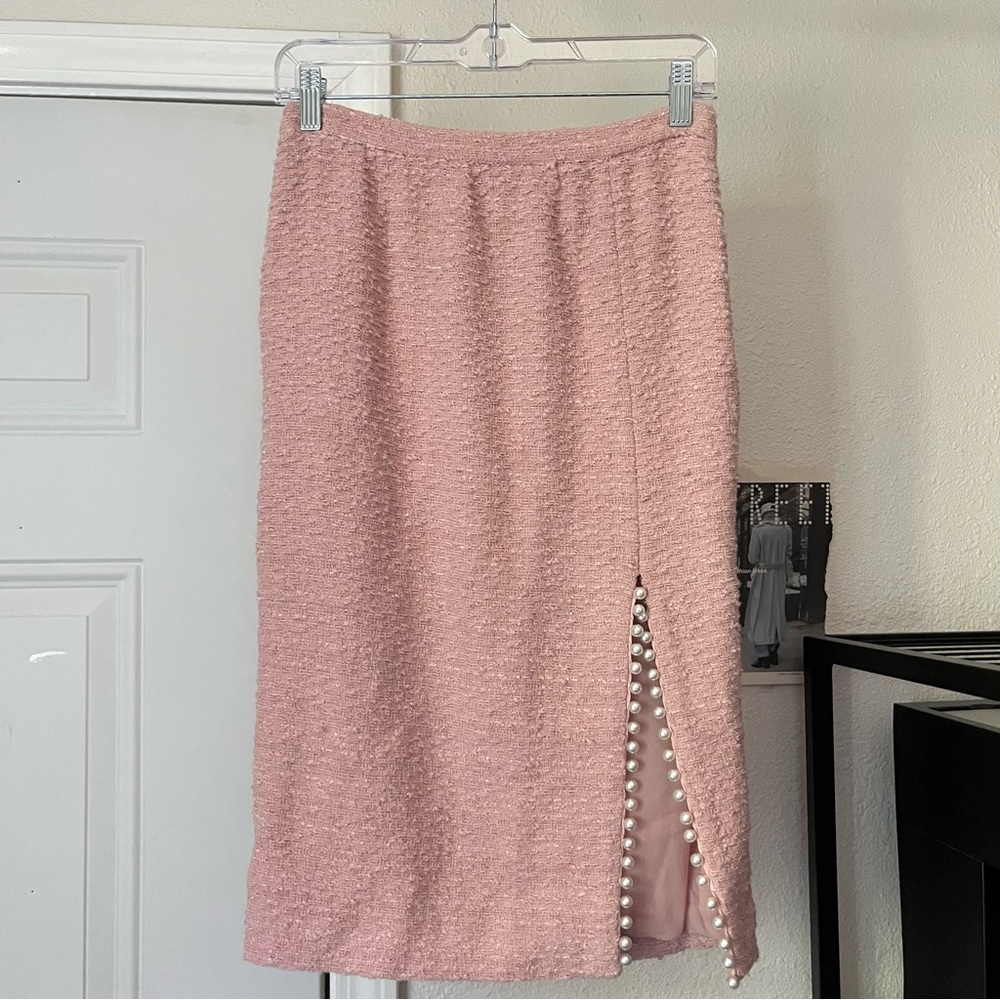 GIAMBATTISTA VALLI pink tweed pearl‎ detail slit midi skirt